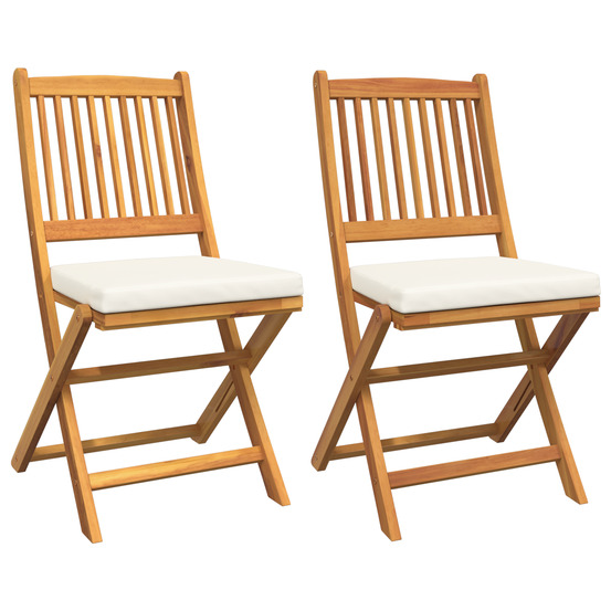 Chaises de jardin pliantes avec coussin blanc 2pcs en bois d'acacia solide