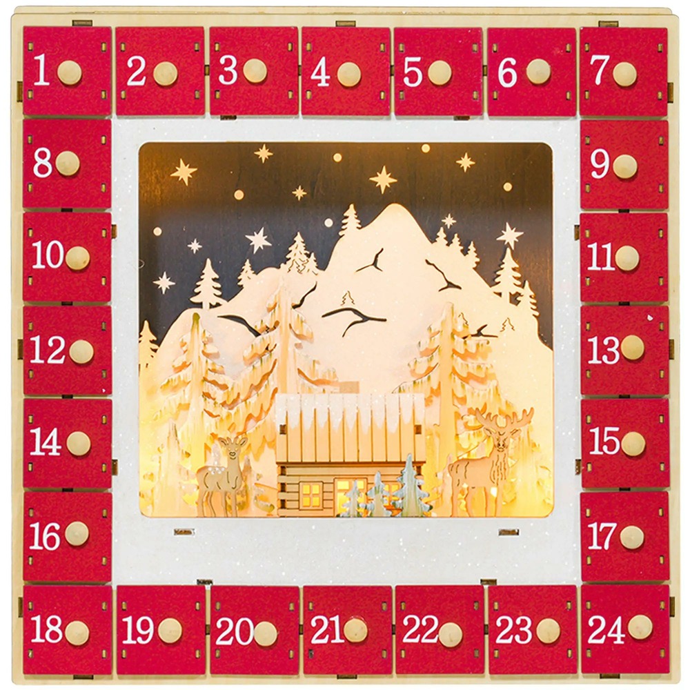 Calendrier de l'avent led, décorations de noël en bois, 24 tiroirs à remplir, décoration lumineuse, rouge