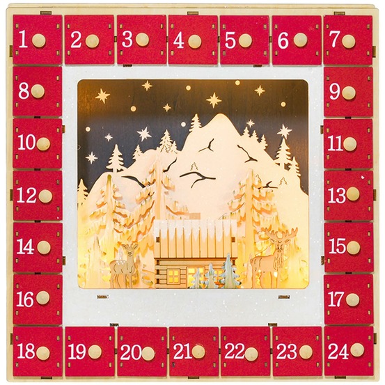Calendrier de l'avent led, décorations de noël en bois, 24 tiroirs à remplir, décoration lumineuse, rouge