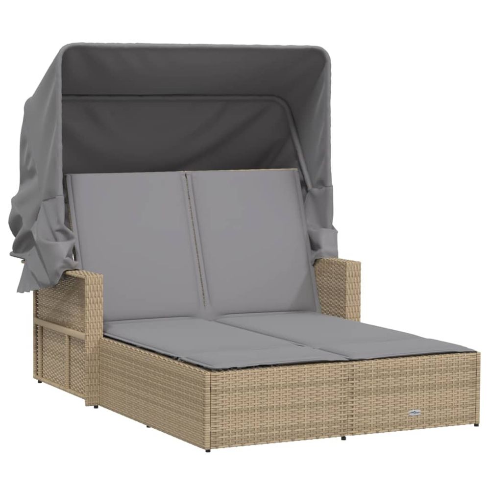Chaise longue double et auvent et coussins mélange beige rotin bain de soleil