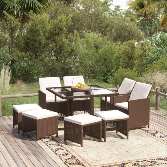 Ensemble à manger de jardin et coussins 9 pcs poly rotin marron