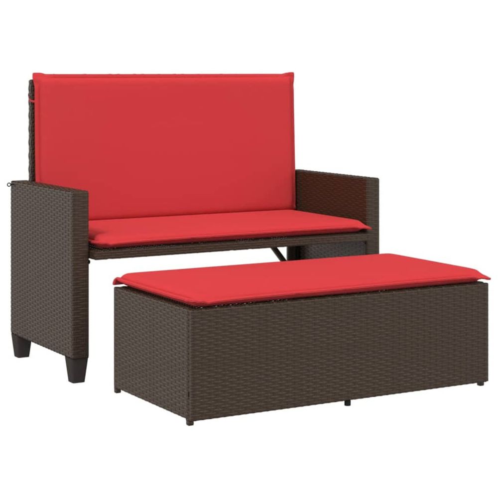 Banc de jardin et coussins et repose-pied marron résine tressée