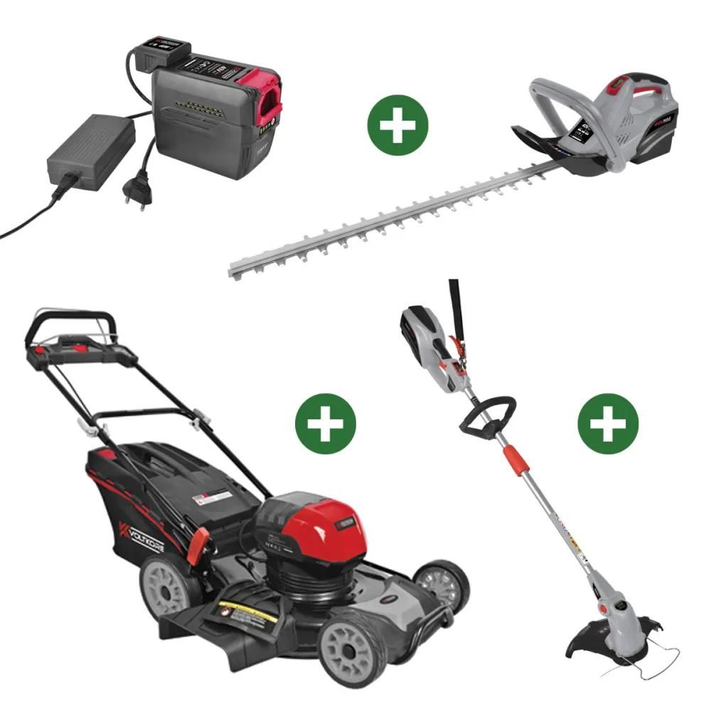 Lot de 3 outils de jardin taille-haie + coupe-bordure + tondeuse tractée à gazon