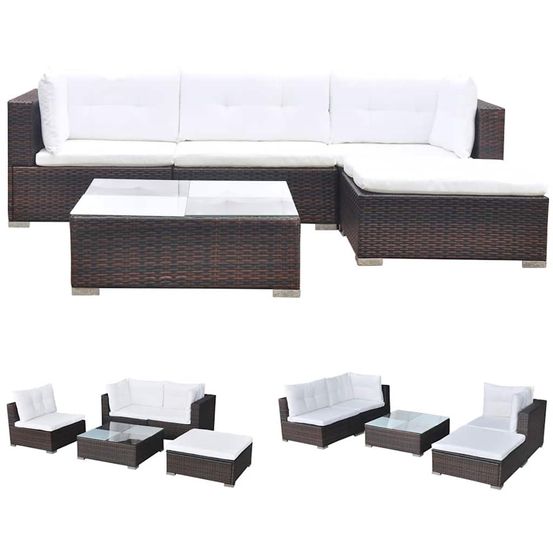 Salon de jardin 5 pcs avec coussins résine tressée marron
