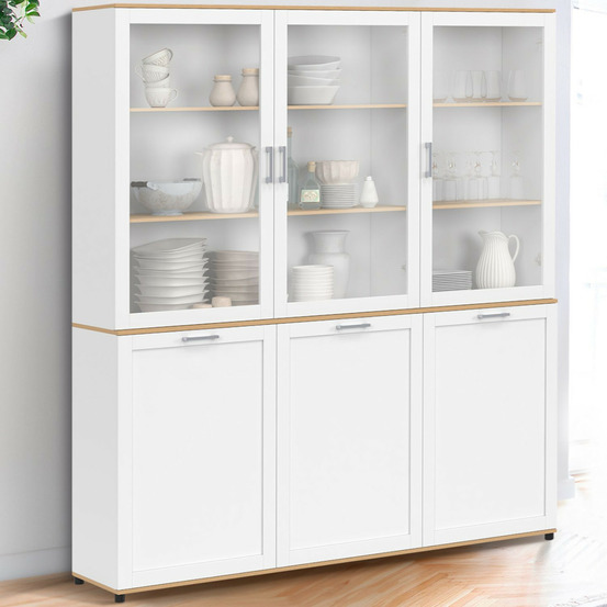 Buffet vaisselier 160 cm vito meuble de cuisine 6 portes blanc et bois
