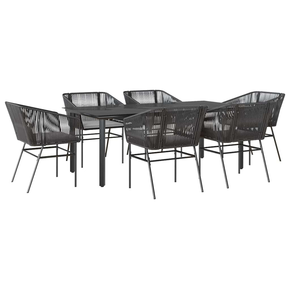 Ensemble à manger de jardin coussins 7pcs noir poly rotin verre