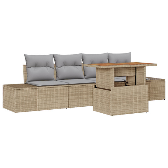 Ensemble de salle à manger de jardin de 5 pièces avec coussins en rattan poly beige et acacia