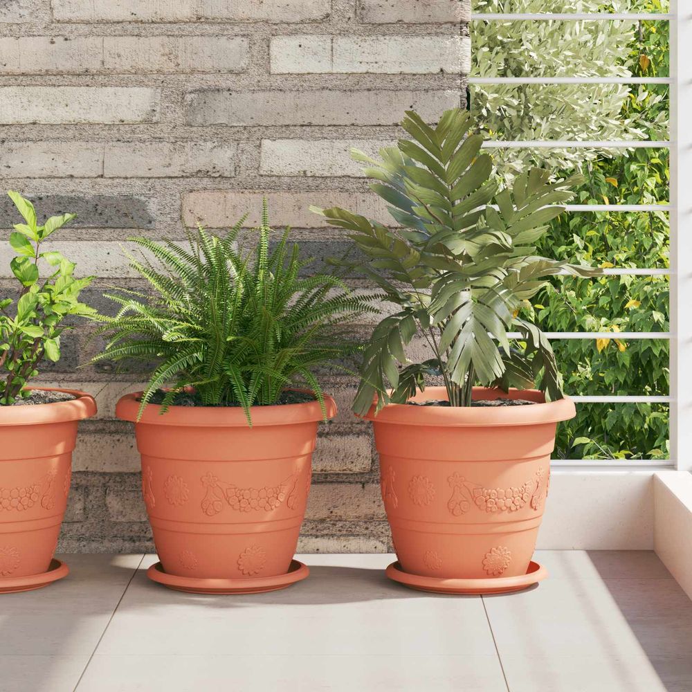 Lot 24 pots de fleurs ronds plastique intérieur extérieur drainage ø 26 cm rouge brique