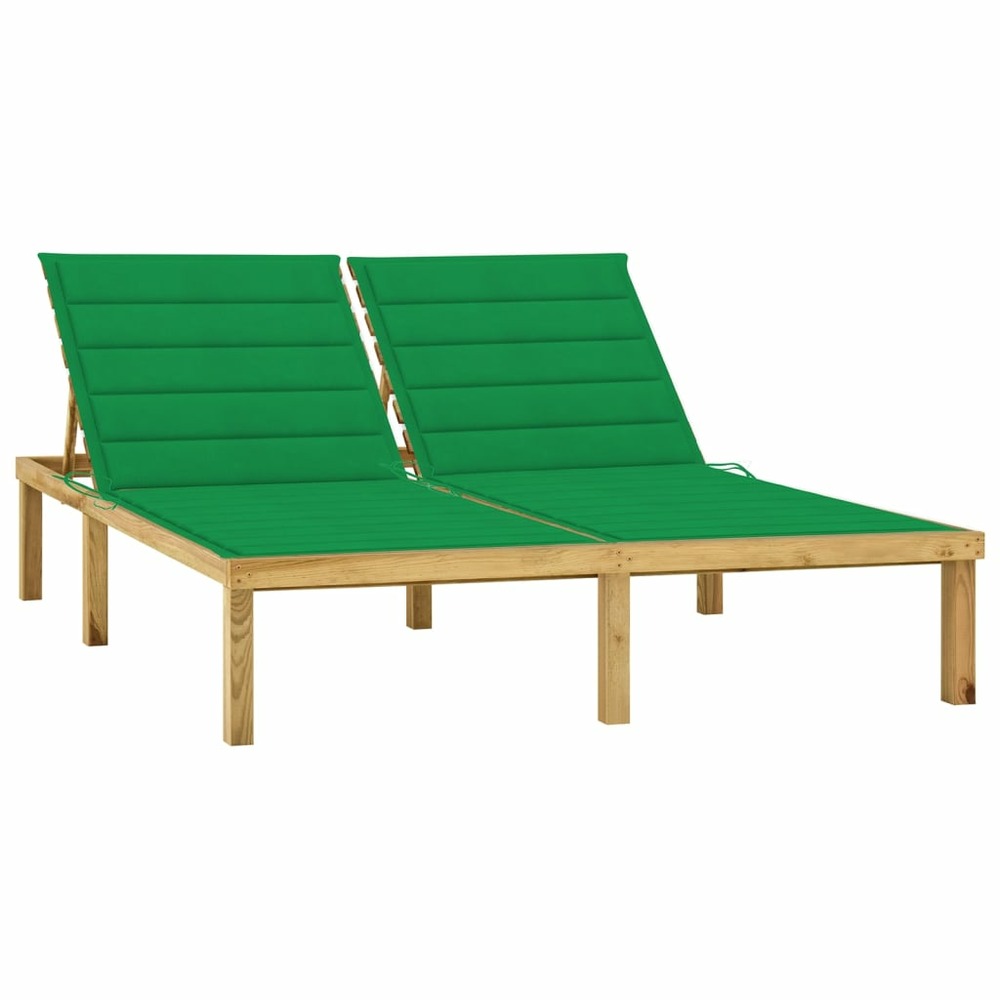 Transat chaise longue bain de soleil lit de jardin terrasse meuble d'extérieur double et coussins vert bois de pin imprégné 0