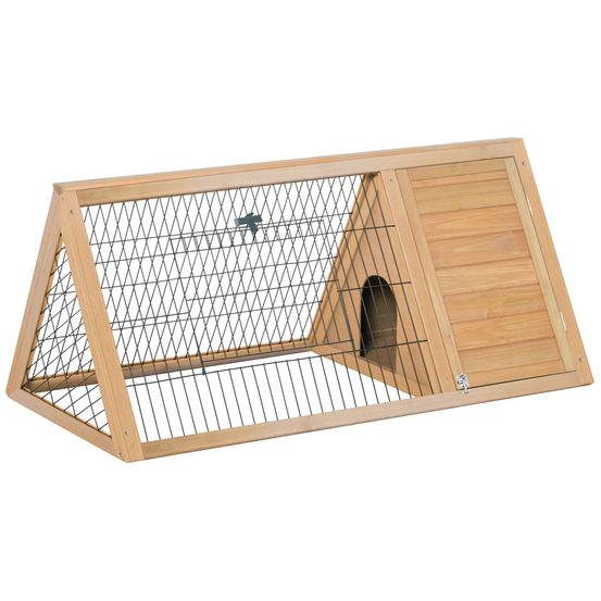 Clapier triangulaire de sol bois naturel extérieur niche intégrée 116x62x52cm