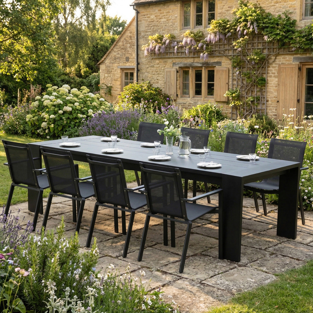 Ensemble ibiza 8/10p en aluminium gris/noir et 8 fauteuils en textilène