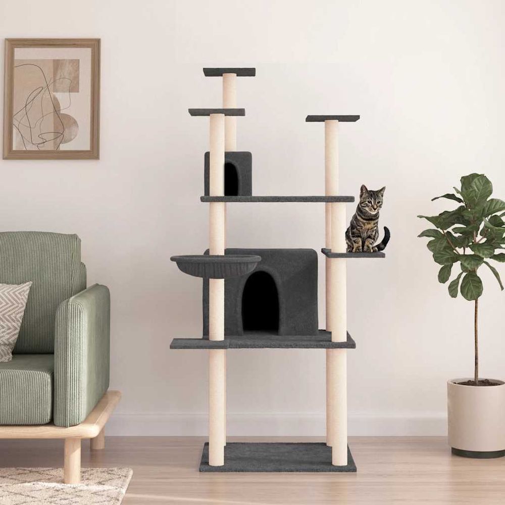 Arbre à chat géant 166 cm sisal et peluche avec niches et panier gris foncé