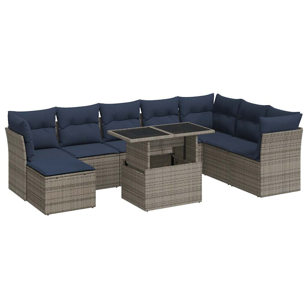 Salon de jardin avec coussins 9 pcs gris résine tressée acacia