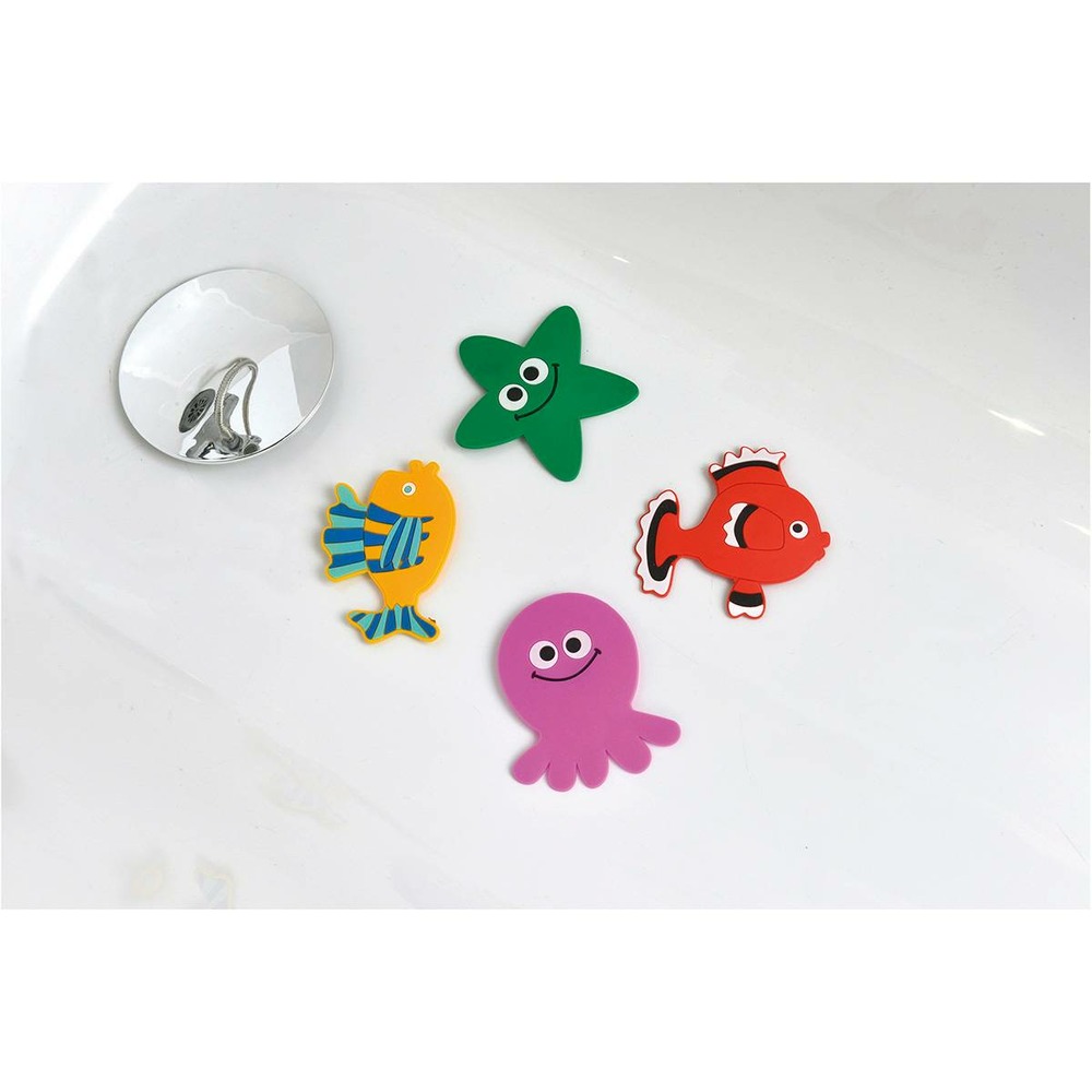 Set de 4 mini fonds de douche pieuvre/poisson rouge/poisson jaune/etoile de mer - enfantine