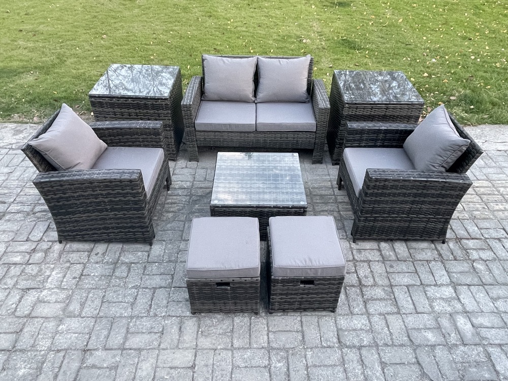 Ensemble de meubles de jardin en rotin ave table basse carrée chaise canapé 2 places table d'appoint