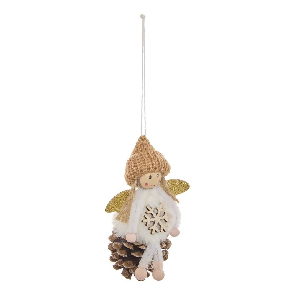 Suspension de sapin fée en pomme de pin bonnet beige 12 cm