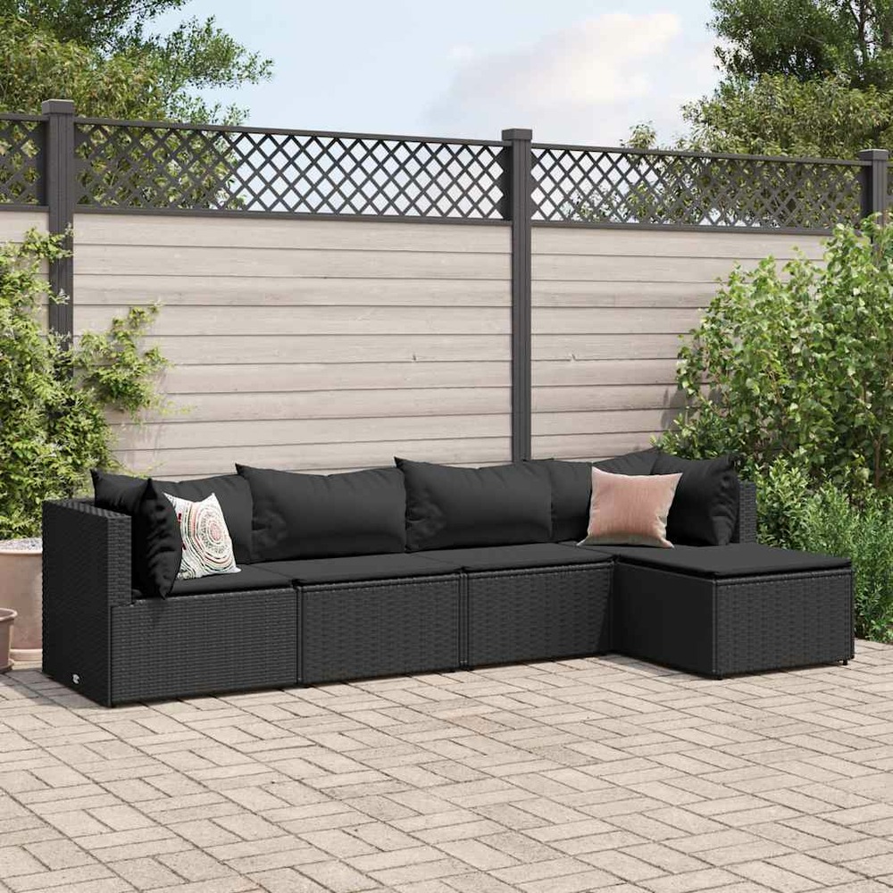 Salon de jardin 5 pcs avec coussins noir résine tressée