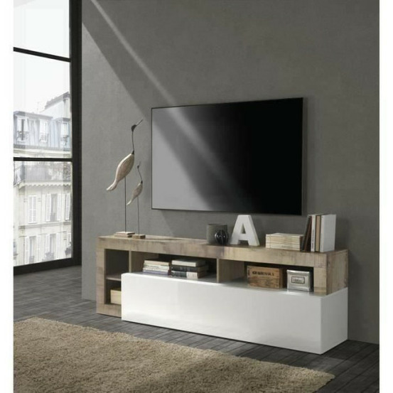Meuble tv 1 porte - finition blanc laqué et effet bois vintage - l 184 x p 42 x h 56 cm -
