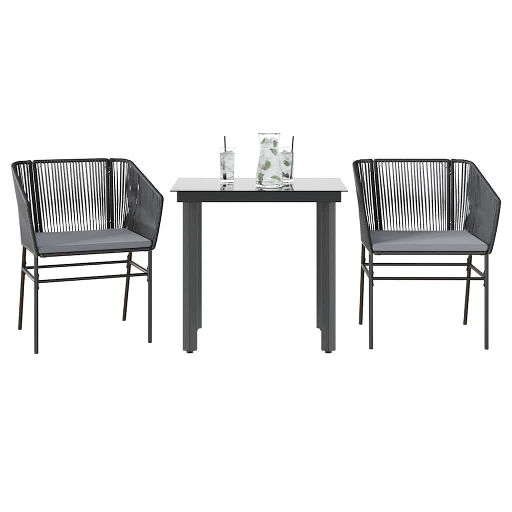 Ensemble à manger de jardin et coussins 3 pcs noir rotin verre