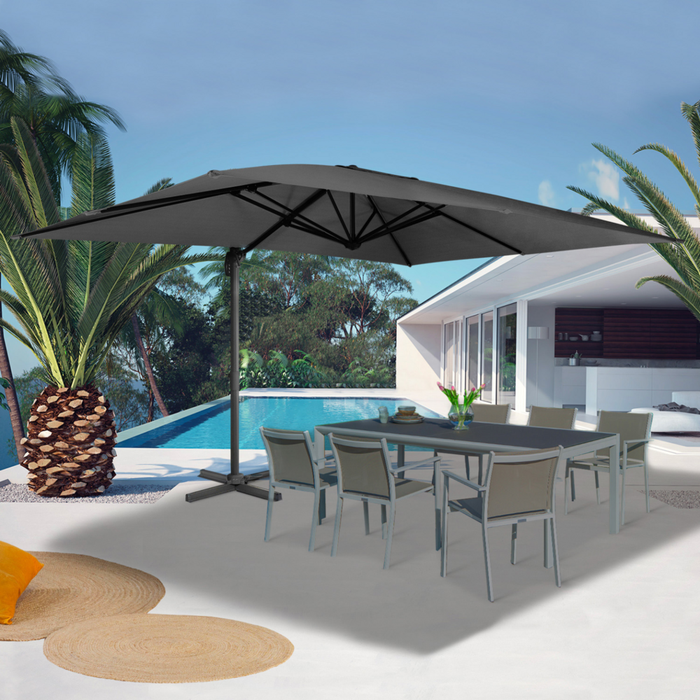 Parasol déporté inclinable rotatif 360 calvi gris 3x4 m avec housse
