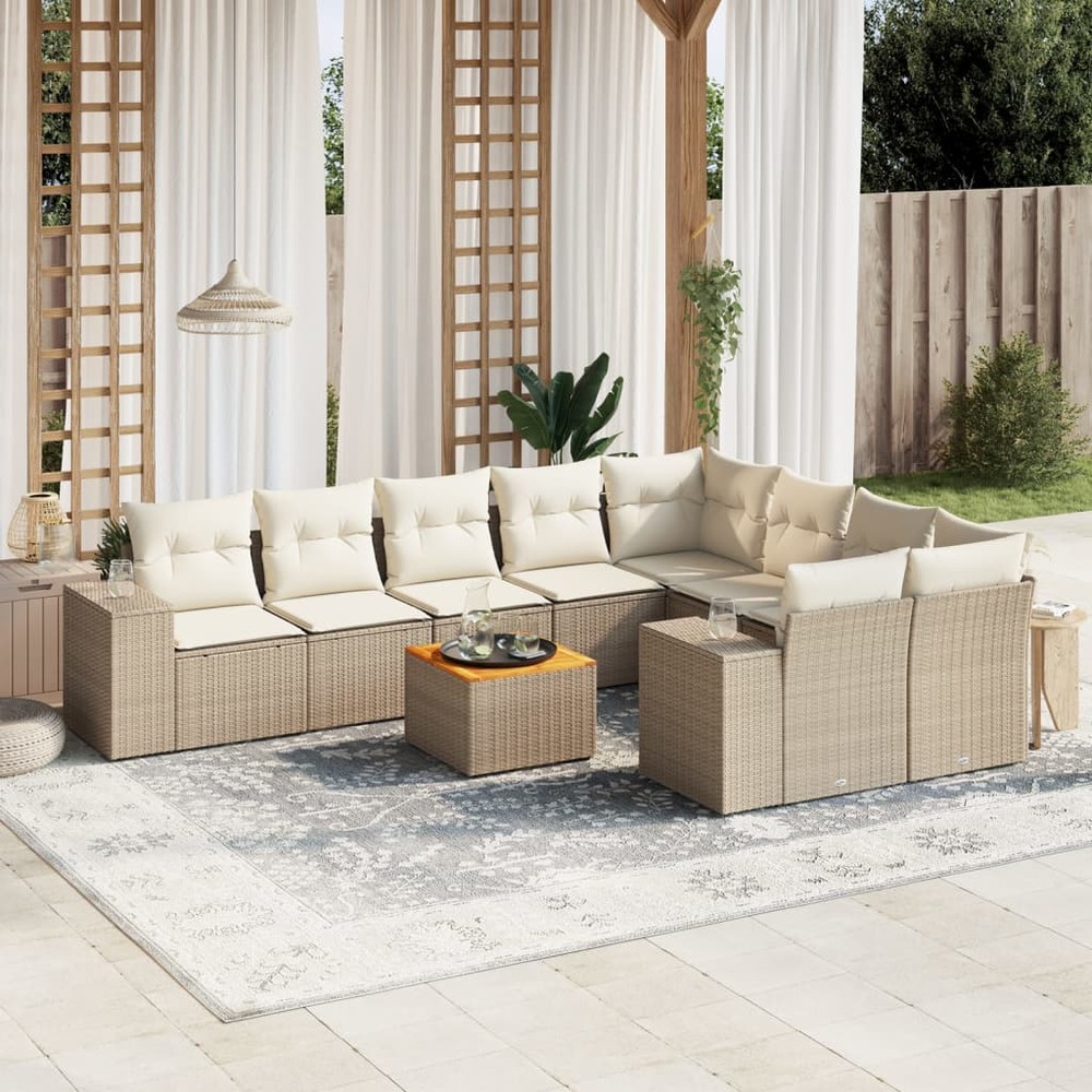 Salon de jardin avec coussins 10 pcs beige résine tressée