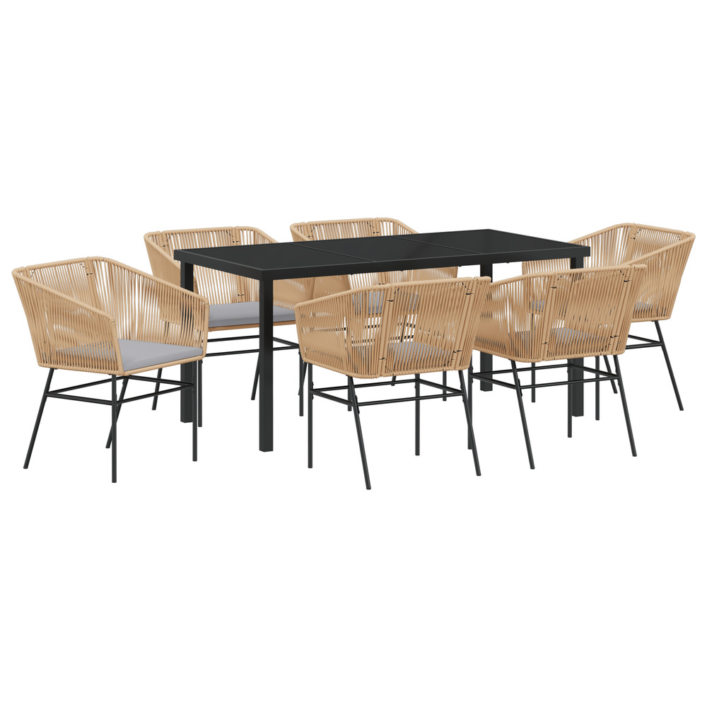 Set de dîner de jardin 7 pièces avec coussins marron rattan poly