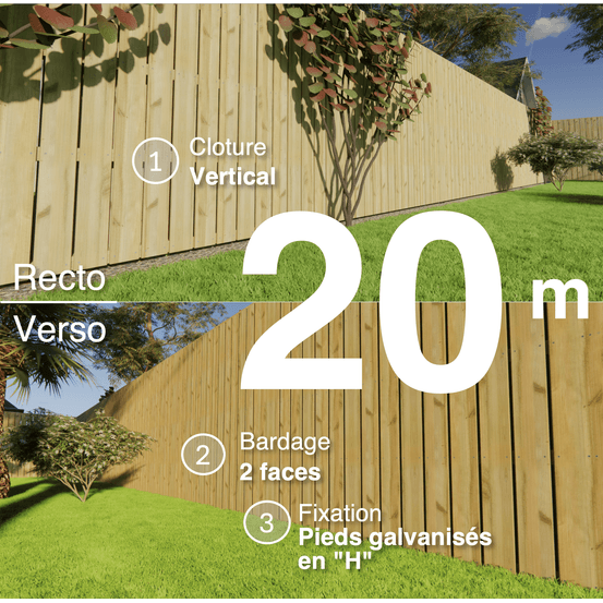 Kit clôture bois moderne 20m – h 2,3m – 21 x 145 mm autoclave vert – pose vertical – double face – support galva