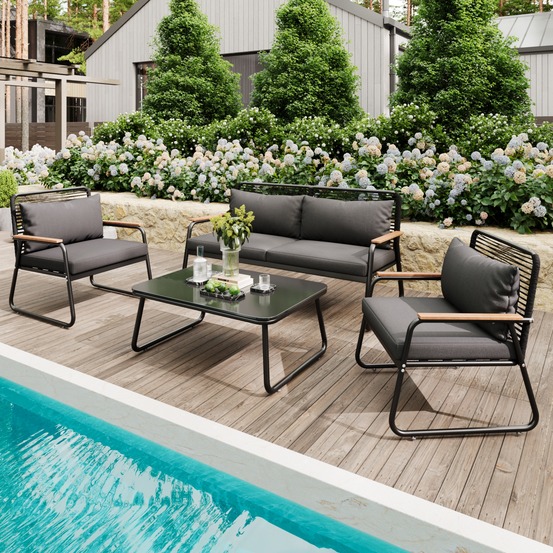 Canapé + table jardin 4 pers: acier galvanisé, plateau verre, pieds réglables, coussins inclus, noir