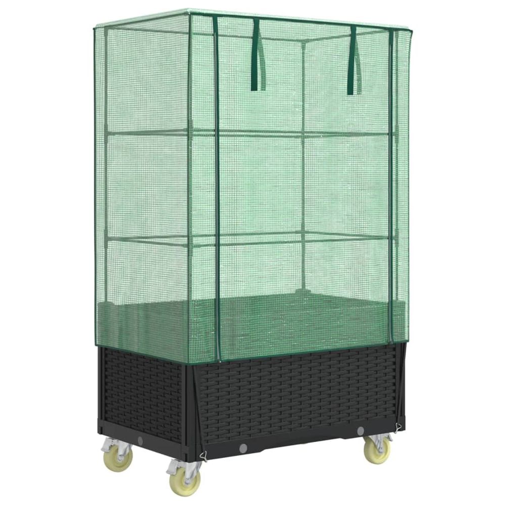 Jardinière d'extérieur surélevée avec housse et roues aspect rotin