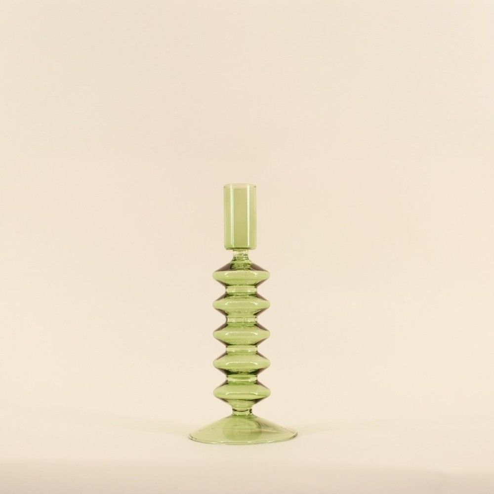Bougeoir perles en verre vert 19cm