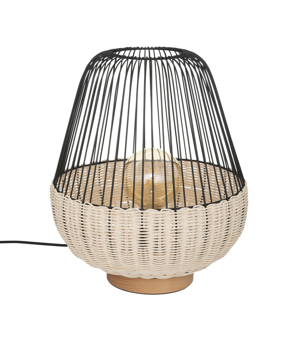 Lampe à poser en rotin et métal noir h 35.5 cm