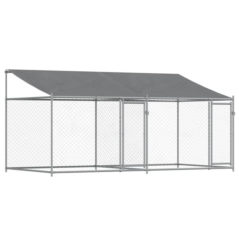 Cage pour chien avec toit et portes 4 x 2 x 2m acier galvanisé gris
