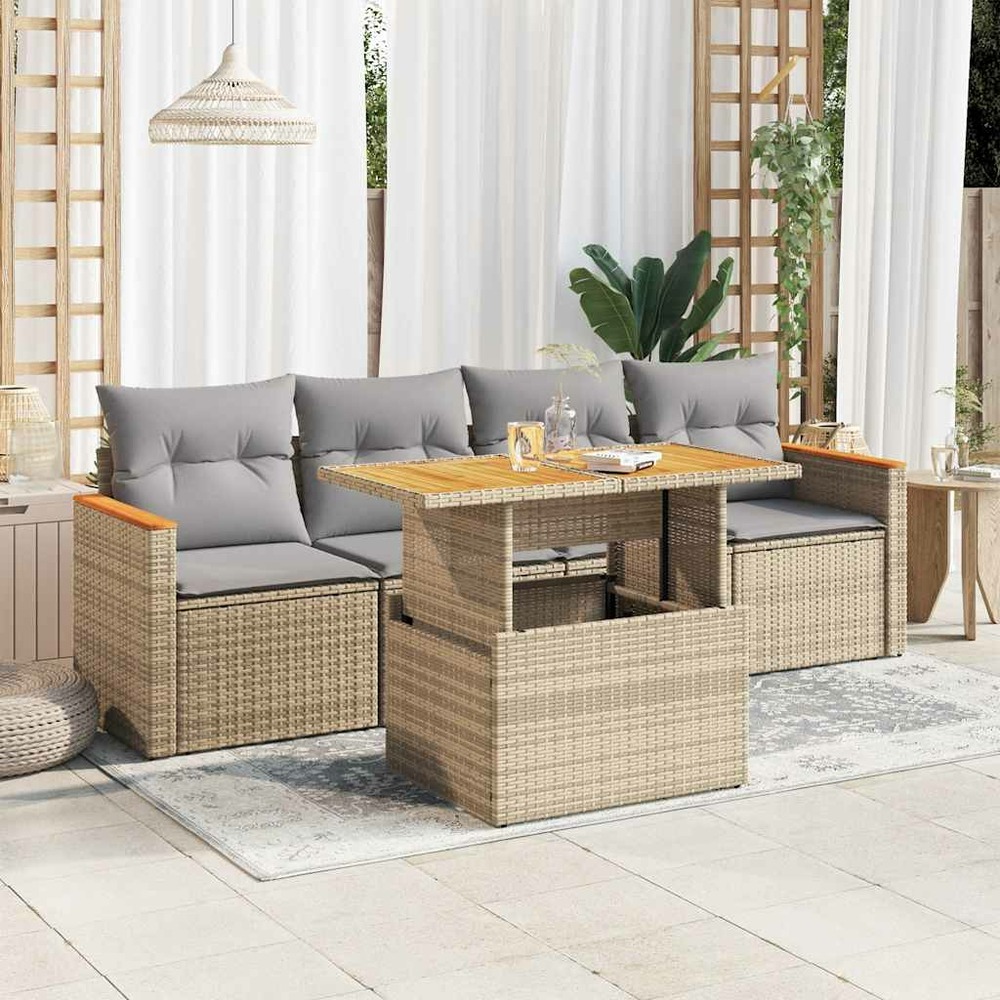 Salon de jardin avec coussins 5 pcs beige résine tressée acacia