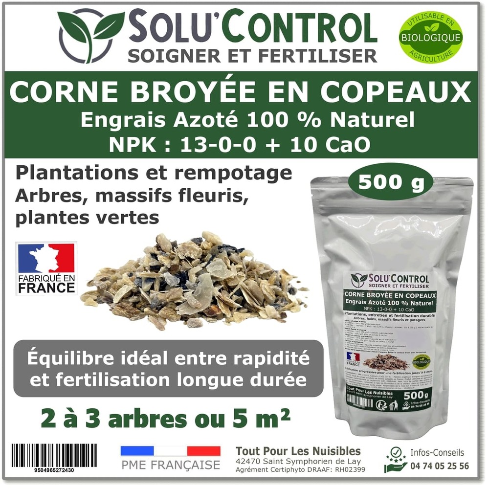 500 g de corne broyée en copeaux solucontrol - engrais azoté 100 % naturel - fertilisation équilibrée pour arbustes, haies et massif