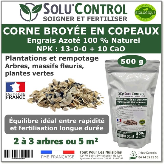 500 g de corne broyée en copeaux solucontrol - engrais azoté 100 % naturel - fertilisation équilibrée pour arbustes, haies et massif