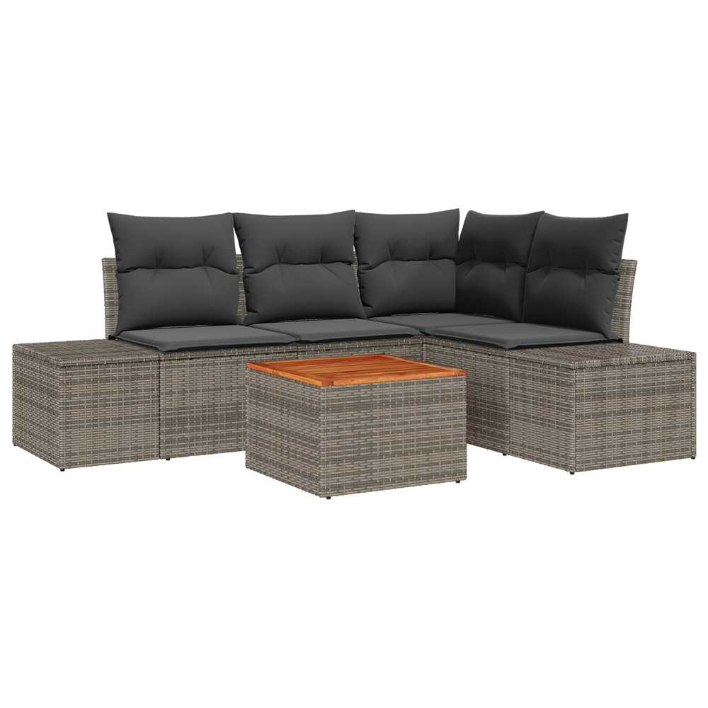 Ensemble canapé de jardin 5 pièces avec coussins gris poly rattan acacia