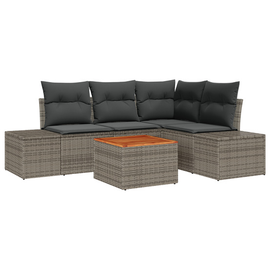 Ensemble canapé de jardin 5 pièces avec coussins gris poly rattan acacia