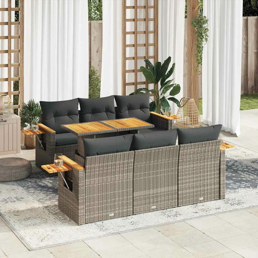 Salon de jardin avec coussins 7 pcs gris résine tressée acacia