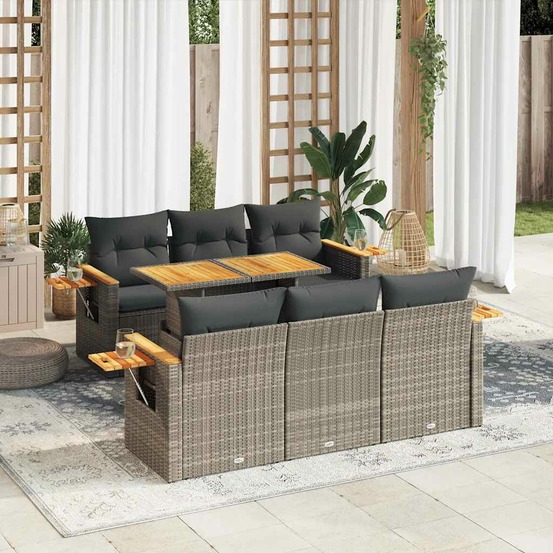 Salon de jardin avec coussins 7 pcs gris résine tressée acacia