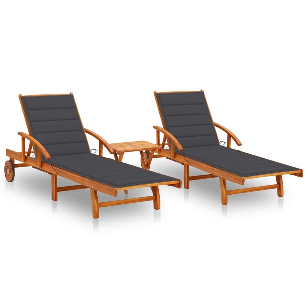Chaises longues lot de 2 avec table et coussins acacia solide