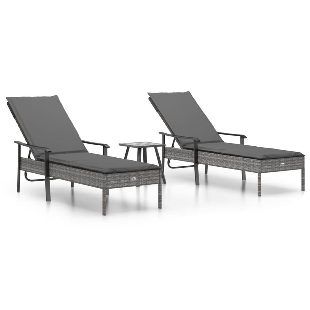 Chaises longues lot de 2 avec table et coussins gris poly rotin