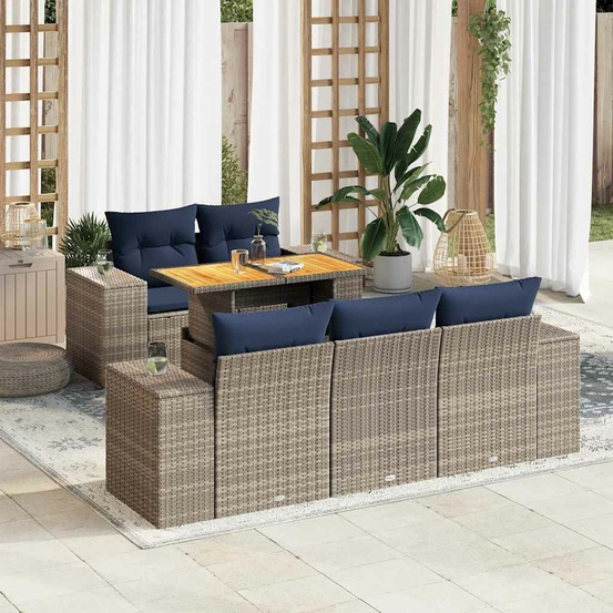 Salon de jardin 6 pcs avec coussins gris résine tressée