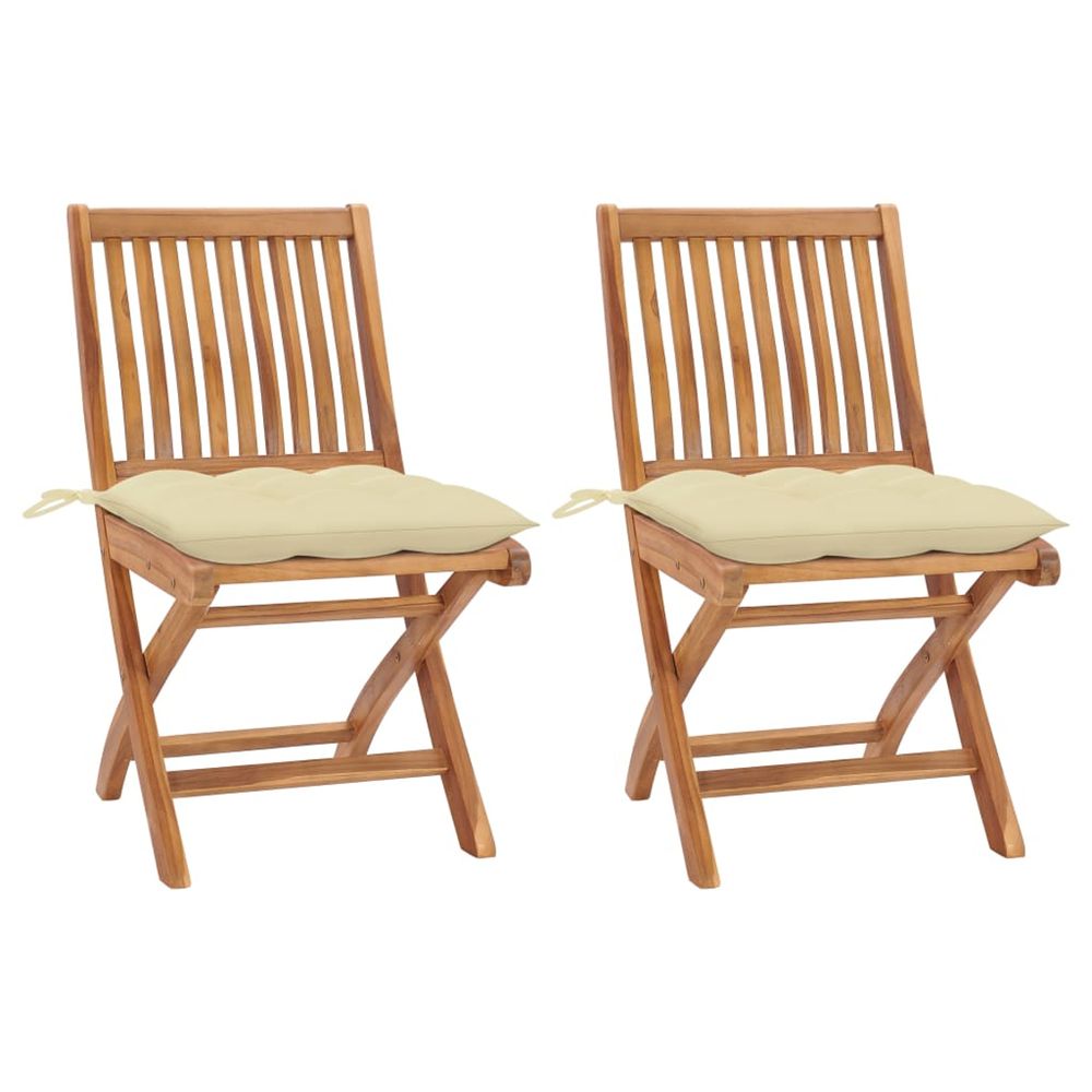 Chaises pliantes (lot de 2) avec coussins blanc crème, en bois de teck massif