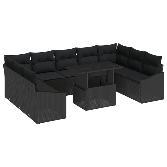 Ensemble de salon de jardin 10 pièces avec coussins en poly rattan noir