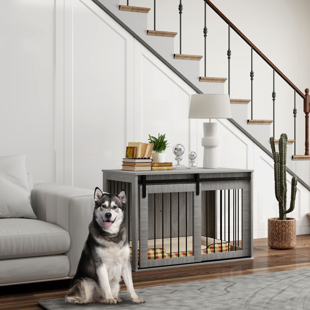 Cage chien intérieur bois acier porte coulissante grand chien 98cm gris