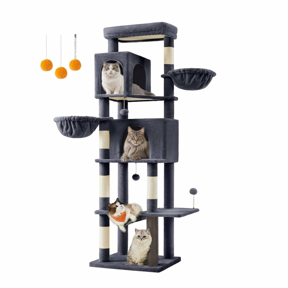Arbre à chat tour à chat de 175 cm de haut abri à chat multi-niveaux avec 2 niches 2 paniers 5 griffoirs toilettage autonome
