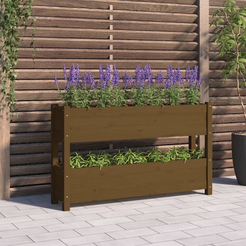 Jardinière étagère 2 bacs en bois de pin balcon 112 cm marron miel