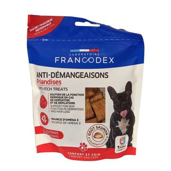 Friandises anti-démangeaisons 75 g pour chiens et chiots.
