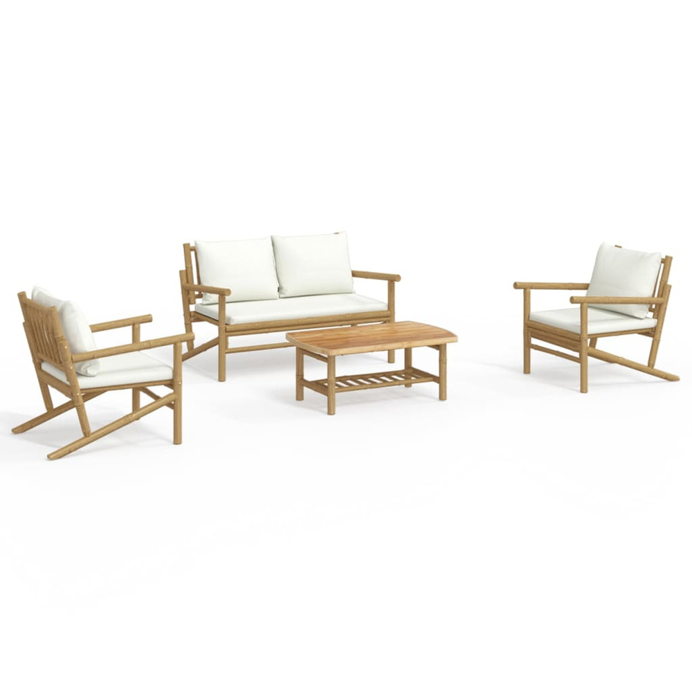 Salon de jardin 4 pcs avec coussins blanc crème bambou