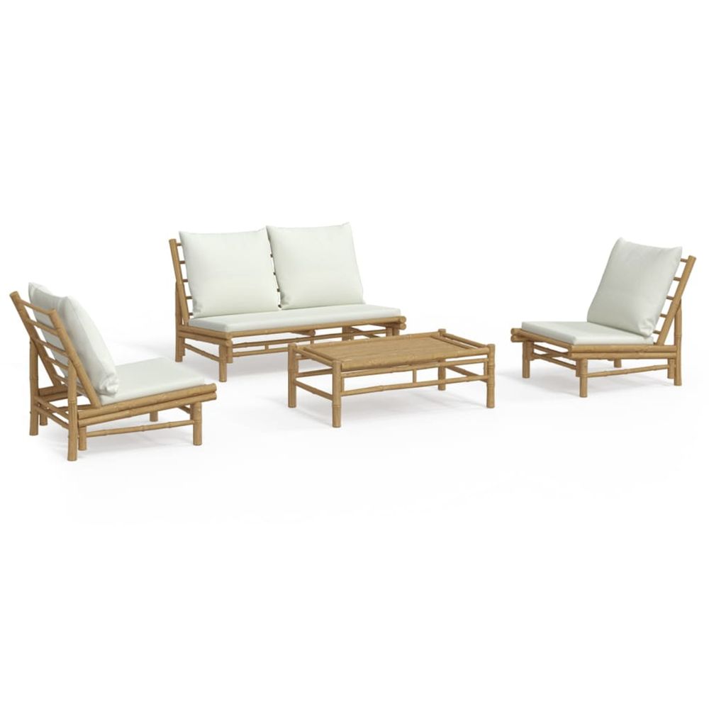Salon de jardin 4 pcs avec coussins blanc crème bambou